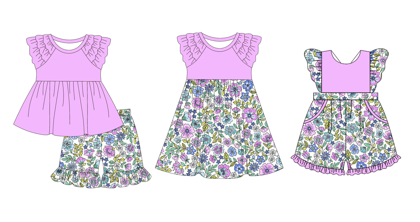 12.10(Custom Design Preorder MOQ 5 Each Design) Purple Flowers Print Girls Summer Matching Clothes Sisters Wear