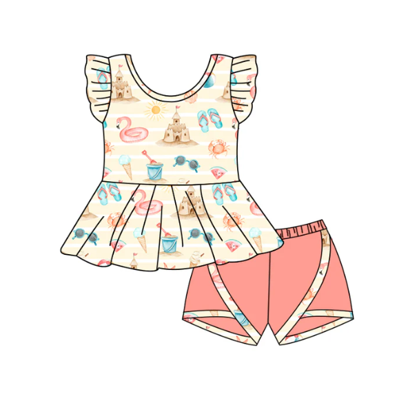 (Custom Design Preorder MOQ 5)  Beach Castle Print Girls Summer Clothes Set