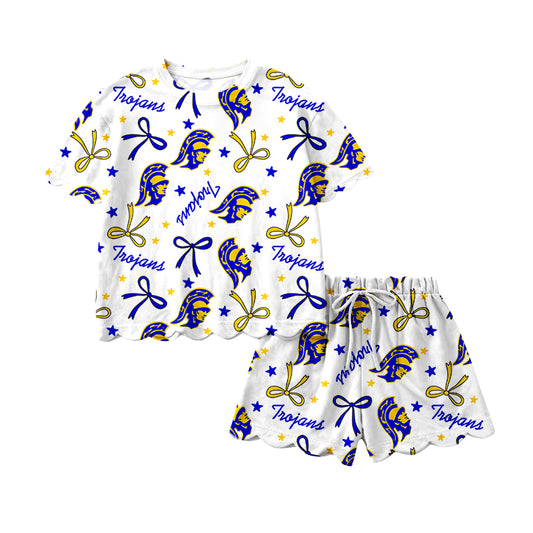 (Custom Design Preorder MOQ 5) Teams Trojans Bows Print Girls Summer Scallop Clothes Set