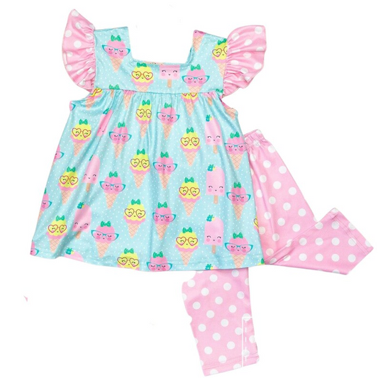 (Custom Design Preorder MOQ 5) Ice Cream Dots Print Girls Clothes Set