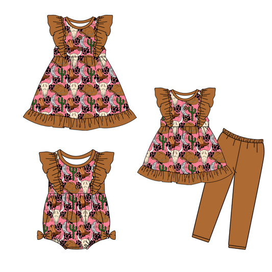 5.6(Custom Design Preorder MOQ 5 Each Design) Cow Skull Hat Cactus Print Girls Western Matching Clothes Sisters Wear