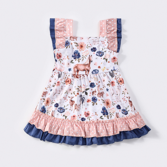 (Custom Design Preorder MOQ 5) Farm Animals Flowers Print Girls Summer Knee Length Dress