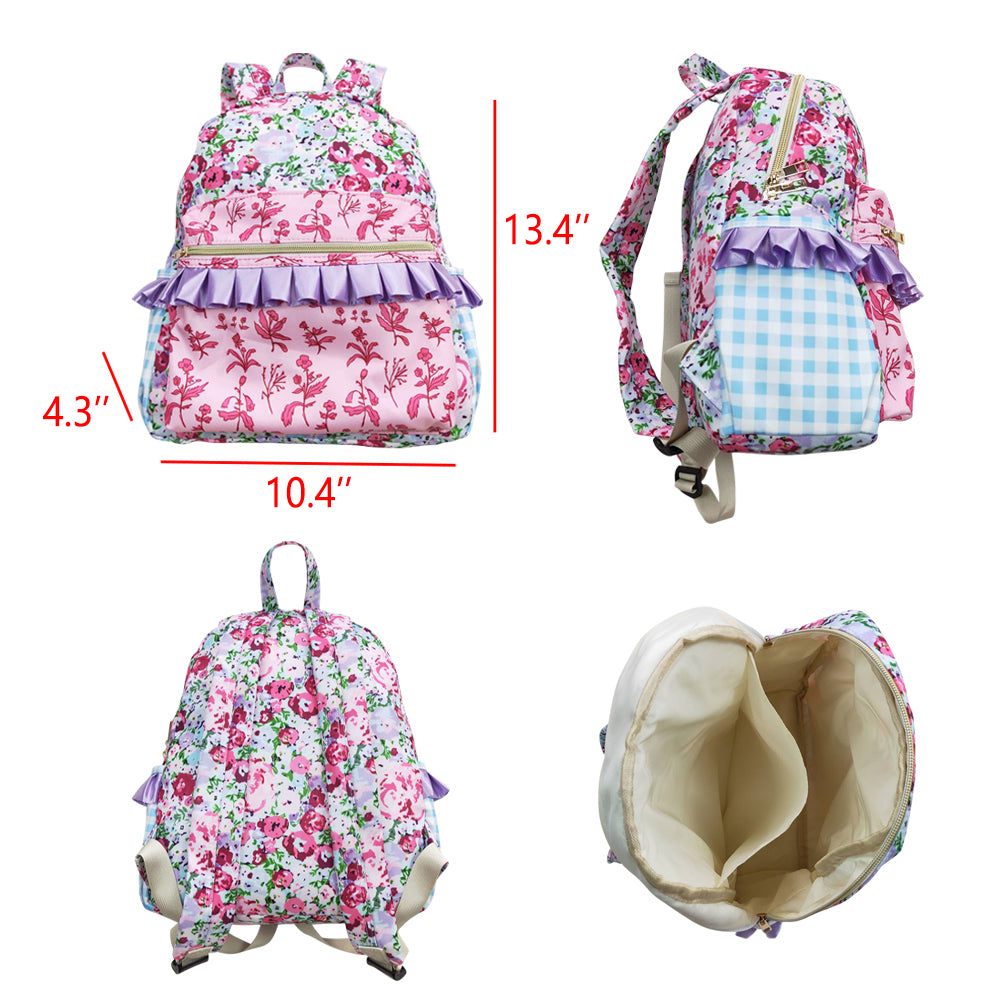 BA0099 Girls Bag Purple Flowers Print Ruffles Backpack