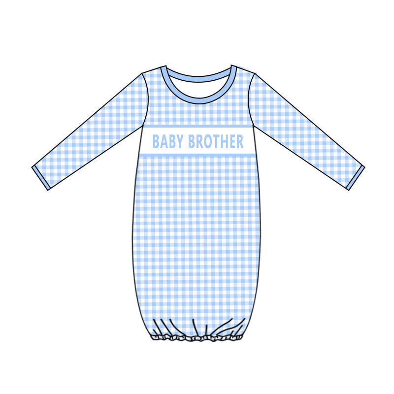 (Custom Design Preorder MOQ 5)  Baby Brother Blue Checkered Baby Boys Newborn Gowns