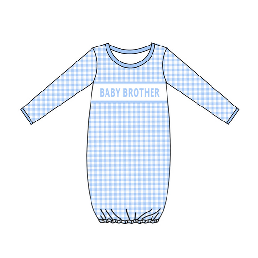 (Custom Design Preorder MOQ 5)  Baby Brother Blue Checkered Baby Boys Newborn Gowns