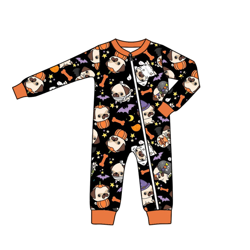 (Custom Design Preorder MOQ 5) Dog Pumpkin Print Baby Boys Halloween Bamboo Sleeper Zipper Romper