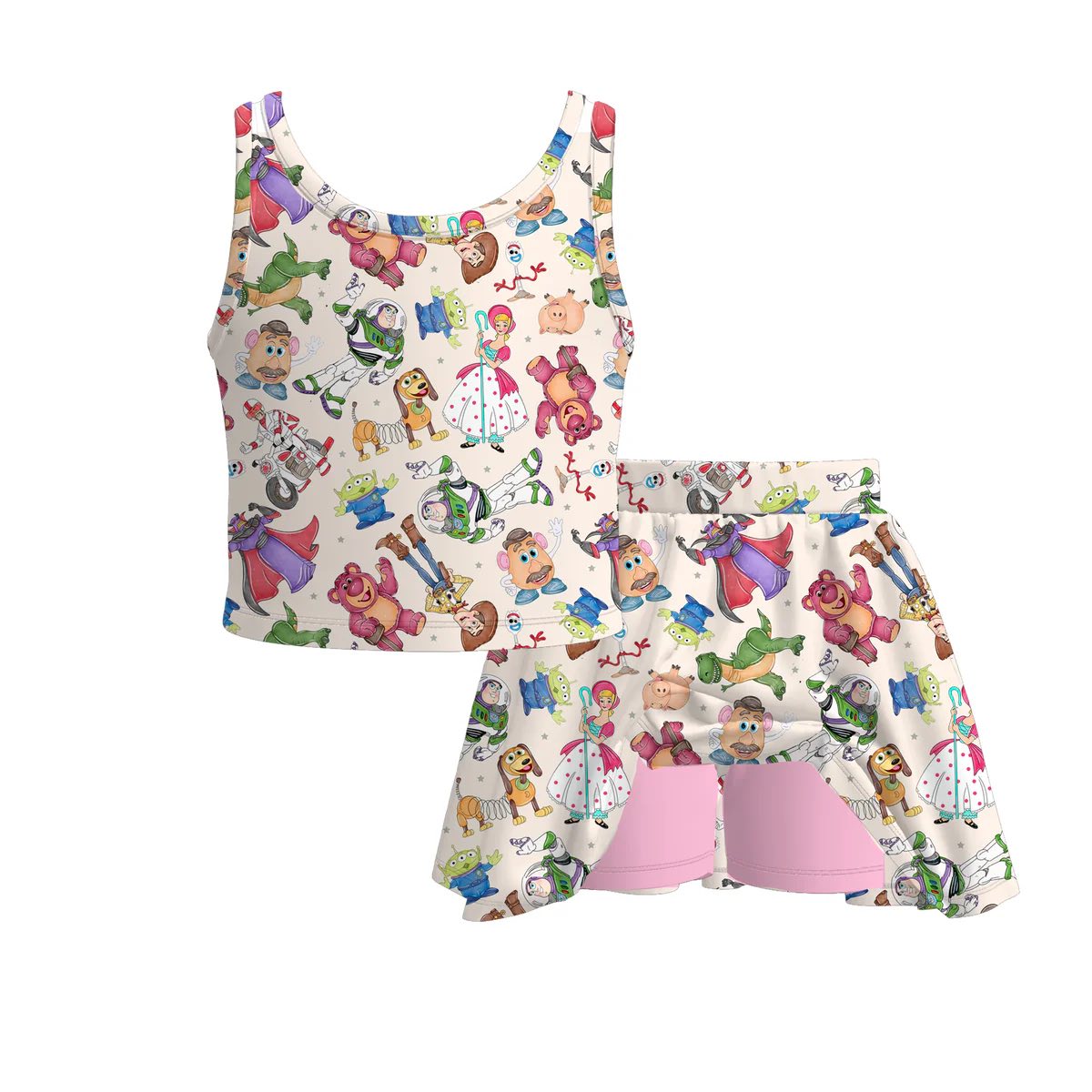 (Custom Design Preorder MOQ 5) Cartoon Toys Top Skirts Shorts Girls Summer Clothes Set