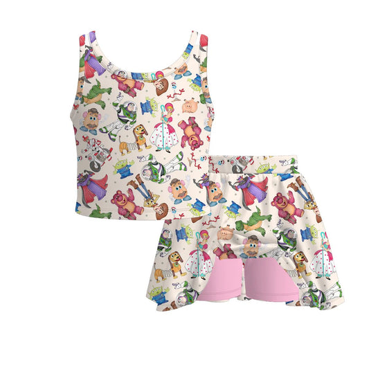 (Custom Design Preorder MOQ 5) Cartoon Toys Top Skirts Shorts Girls Summer Clothes Set