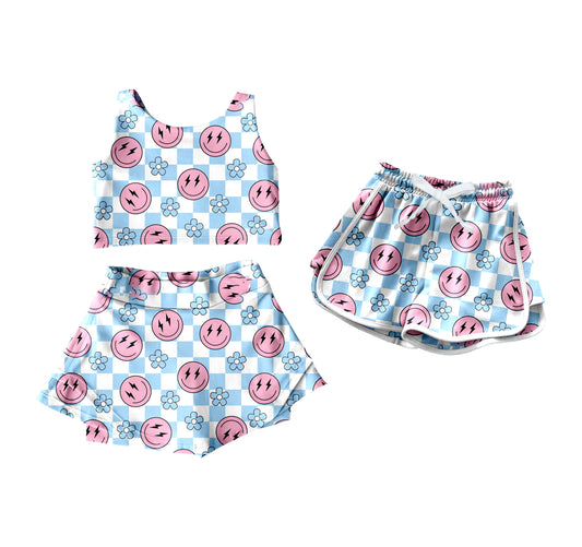 4.12(Custom Design Preorder MOQ 5 Per Item) Smiling Face Flowers Print Girls Summer Yoga Outfits & Shorts