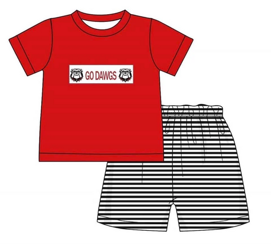 (Custom Design Preorder MOQ 5) Team's Dog GO DAWGS Red Top Stripes Shorts Boys Summer Clothes Set