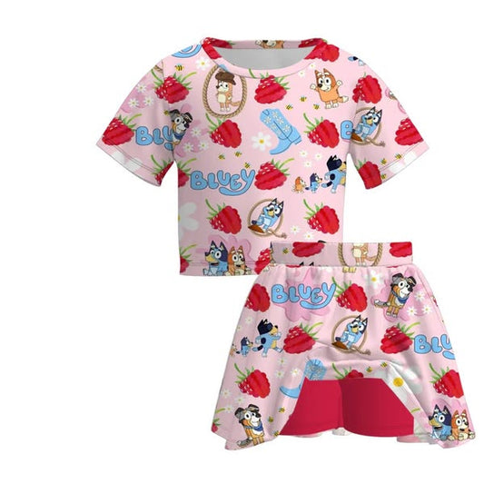 (Custom Design Preorder MOQ 5) Cartoon Dog Berry Top Skirts Shorts Girls Summer Clothes Set