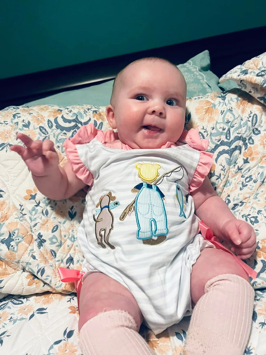 Go Fishing Embroidery Stripes Print Kids Summer Matching Clothes Sibling Wear