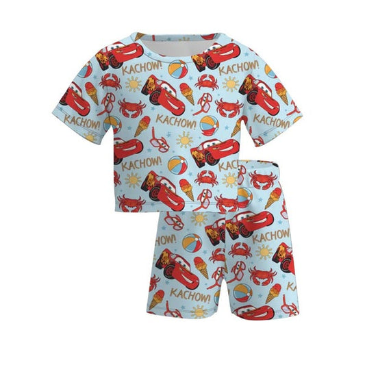 (Custom Design Preorder MOQ 5)  Cartoon Cars Print Shorts Boys Summer Clothes Set