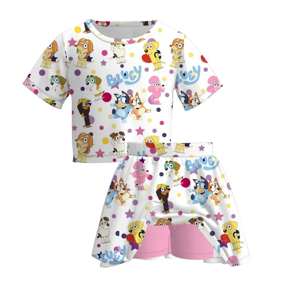 (Custom Design Preorder MOQ 5) Cartoon Dog Top Skirts Shorts Girls Summer Clothes Set