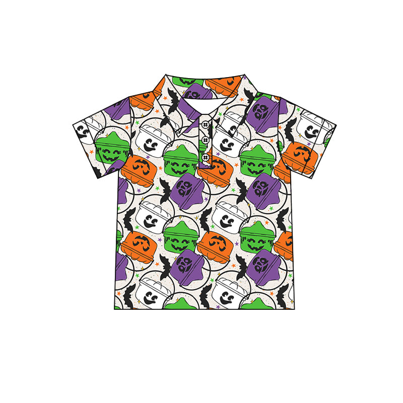 (Custom Design Preorder MOQ 5) Basket Print Boys Halloween Polo Tee Shirts Top