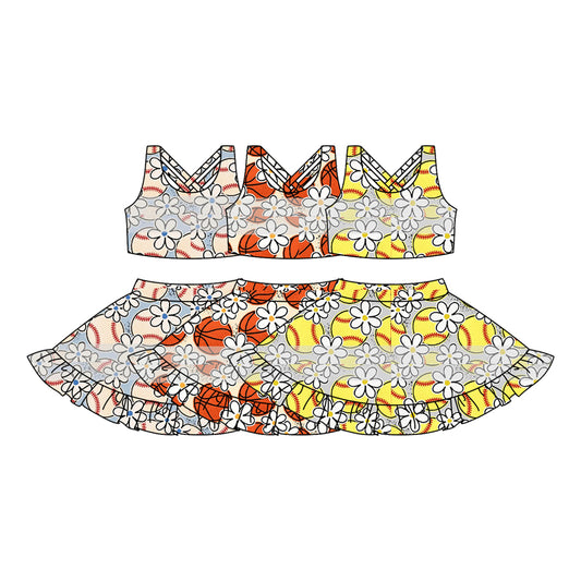 4.15(Custom Design Preorder MOQ 5 Per Item) Balls Flowers Print Tank Top Shorts Skirts Girls Summer Yoga Clothes Set
