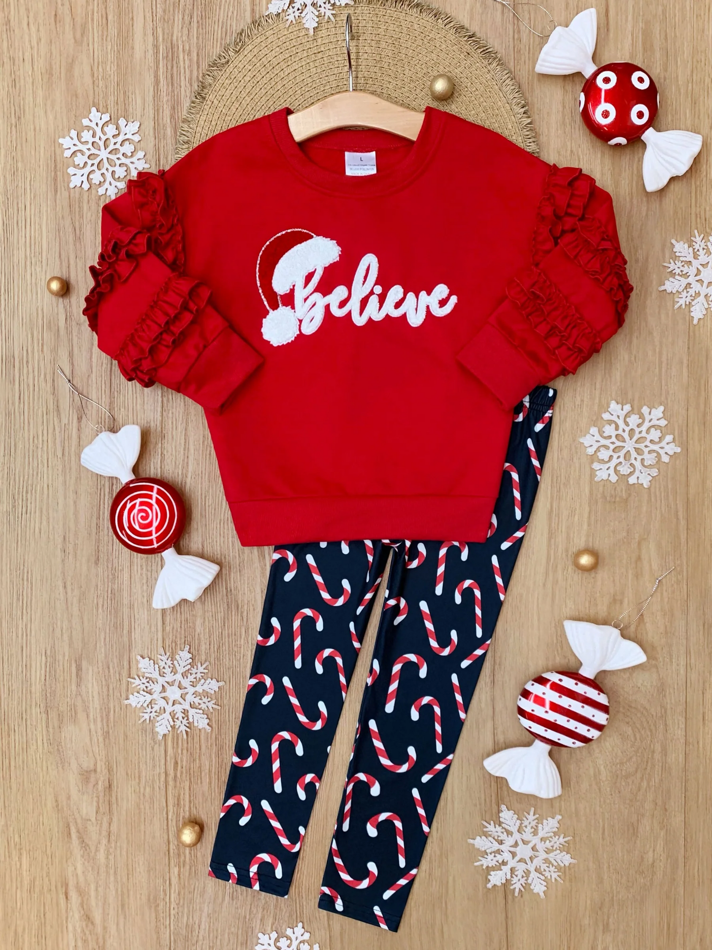 (Custom Design Preorder MOQ 5) Belive Red Ruffles Top Candy Cane Pants Girls Christmas Clothes Set