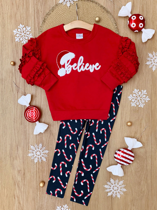 (Custom Design Preorder MOQ 5) Belive Red Ruffles Top Candy Cane Pants Girls Christmas Clothes Set