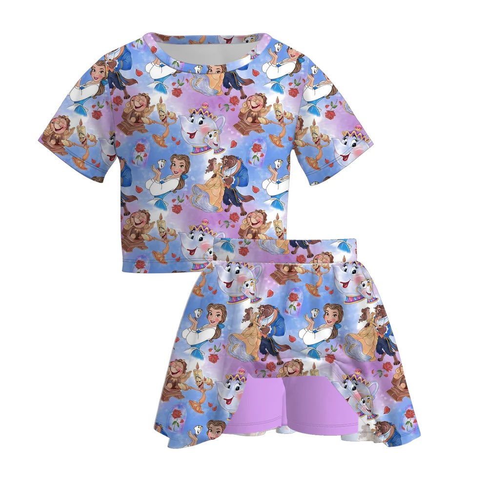 (Custom Design Preorder MOQ 5) Cartoon Princess Rose Top Skirts Shorts Girls Summer Clothes Set