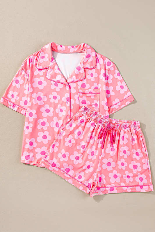 (Custom Design Preorder MOQ 5) Adult Pink Flowers Print Woman Buttons Summer Pajamas Clothes Set