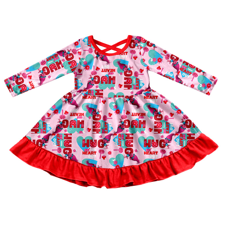 (Custom Design Preorder MOQ 5) Cartoon Hair Monster Print Girls Valentine's Knee Length Dress