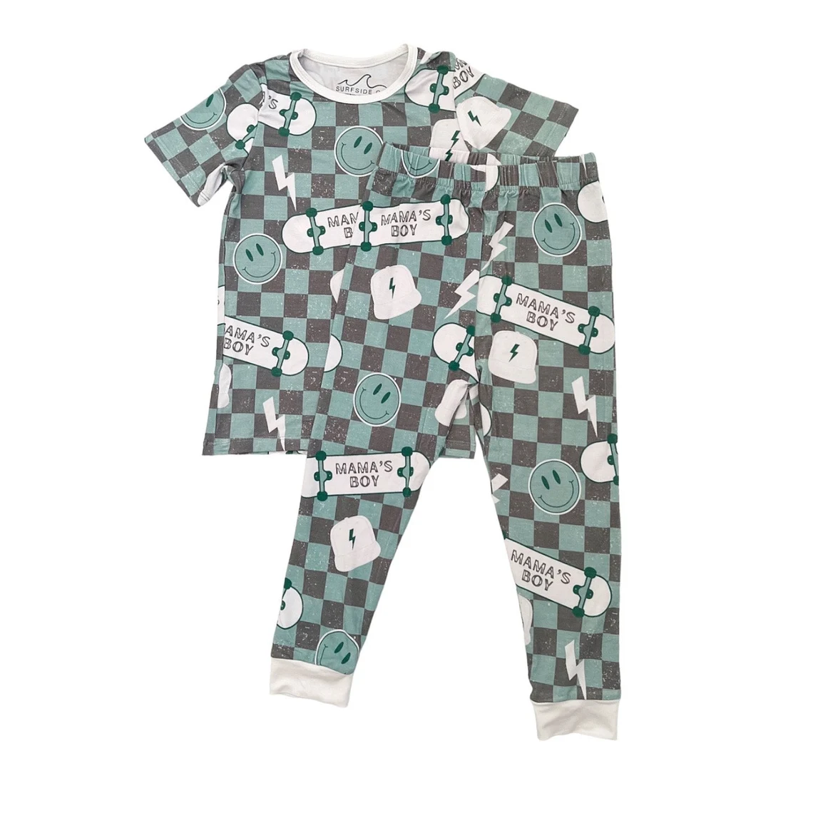 (Custom Design Preorder MOQ 5) MAMA'S BOY Plaid Print Boys Pajamas Clothes Set