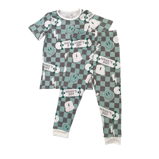 (Custom Design Preorder MOQ 5) MAMA'S BOY Plaid Print Boys Pajamas Clothes Set