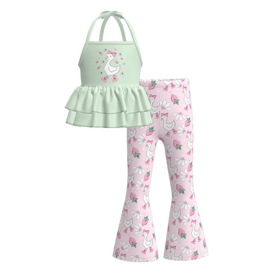 (Custom Design Preorder MOQ 5) Duck Halter Top Pink Flowers Bell Pants Girls Clothes Set