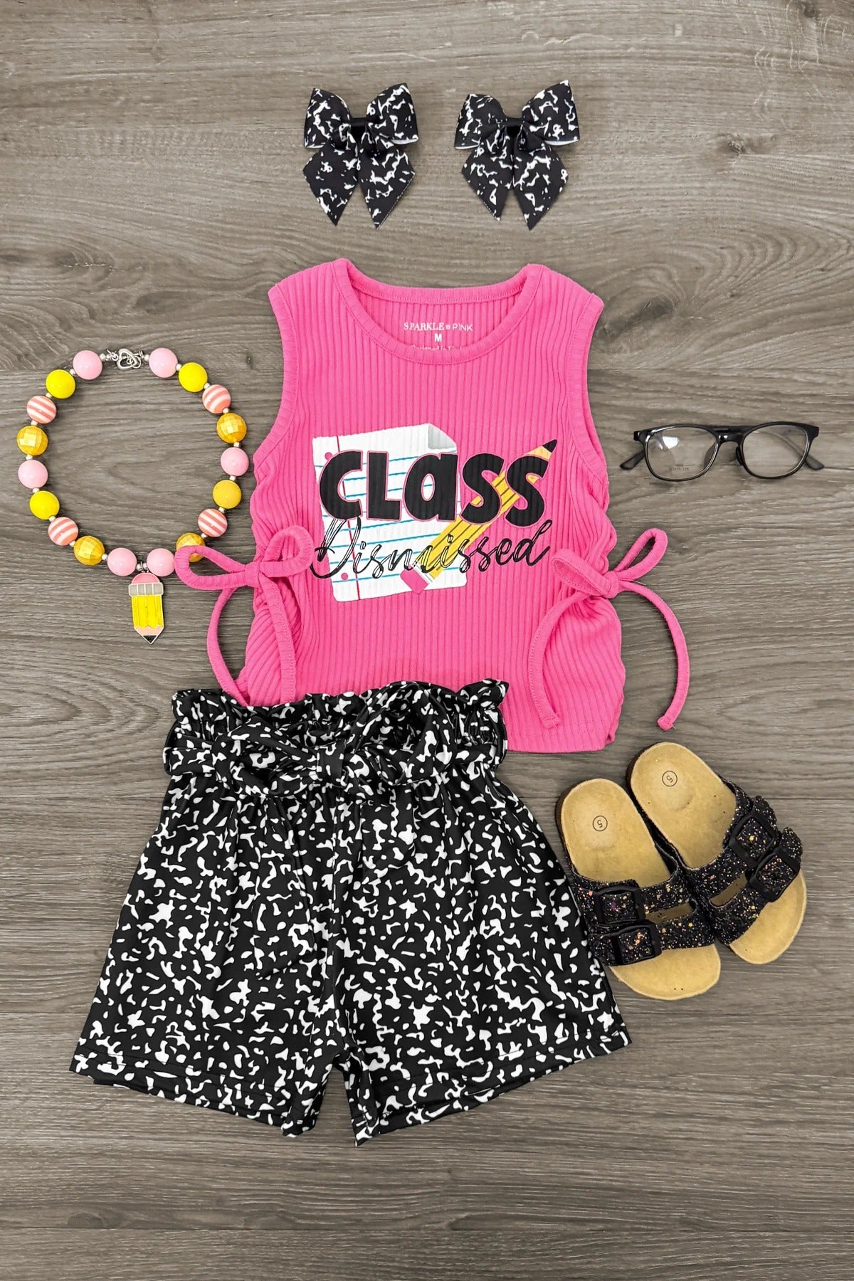 (Custom Design Preorder MOQ 5) Class Pen Pink Top Black Shorts Girls Back to School Clothes Set