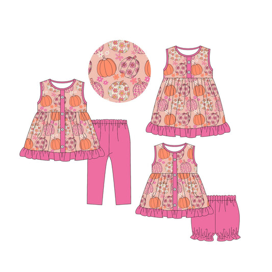 4.30(Custom Design Preorder MOQ 5 Each Design) Pumpkin Flowers Print Girls Matching Clothes Sisters Wear