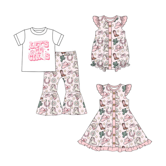 5.1(Custom Design Preorder MOQ 5 Each Design) Hat Boots Cactus Print Girls Western Matching Clothes Sisters Wear