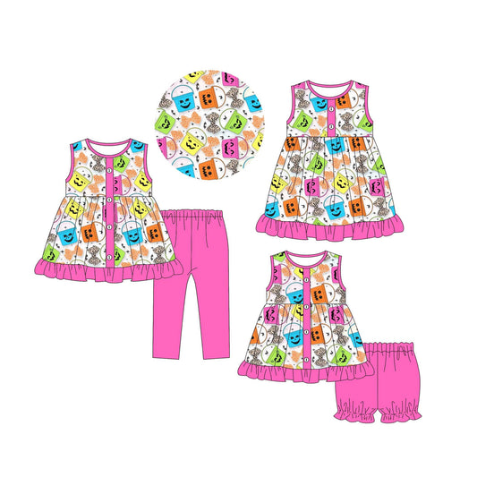 4.30(Custom Design Preorder MOQ 5 Each Design) Colorful Basket Leopard Bows Print Girls Halloween Matching Clothes Sisters Wear