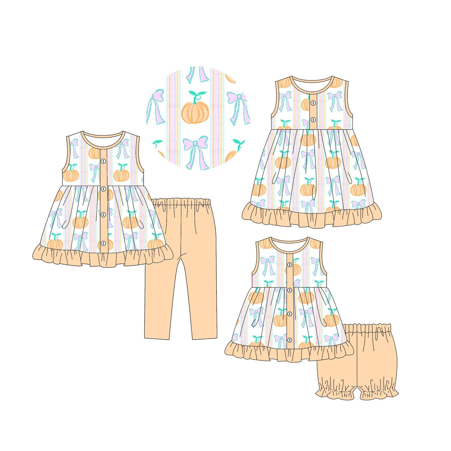 4.30(Custom Design Preorder MOQ 5 Each Design) Pumpkin Bows Print Girls Fall Matching Clothes Sisters Wear