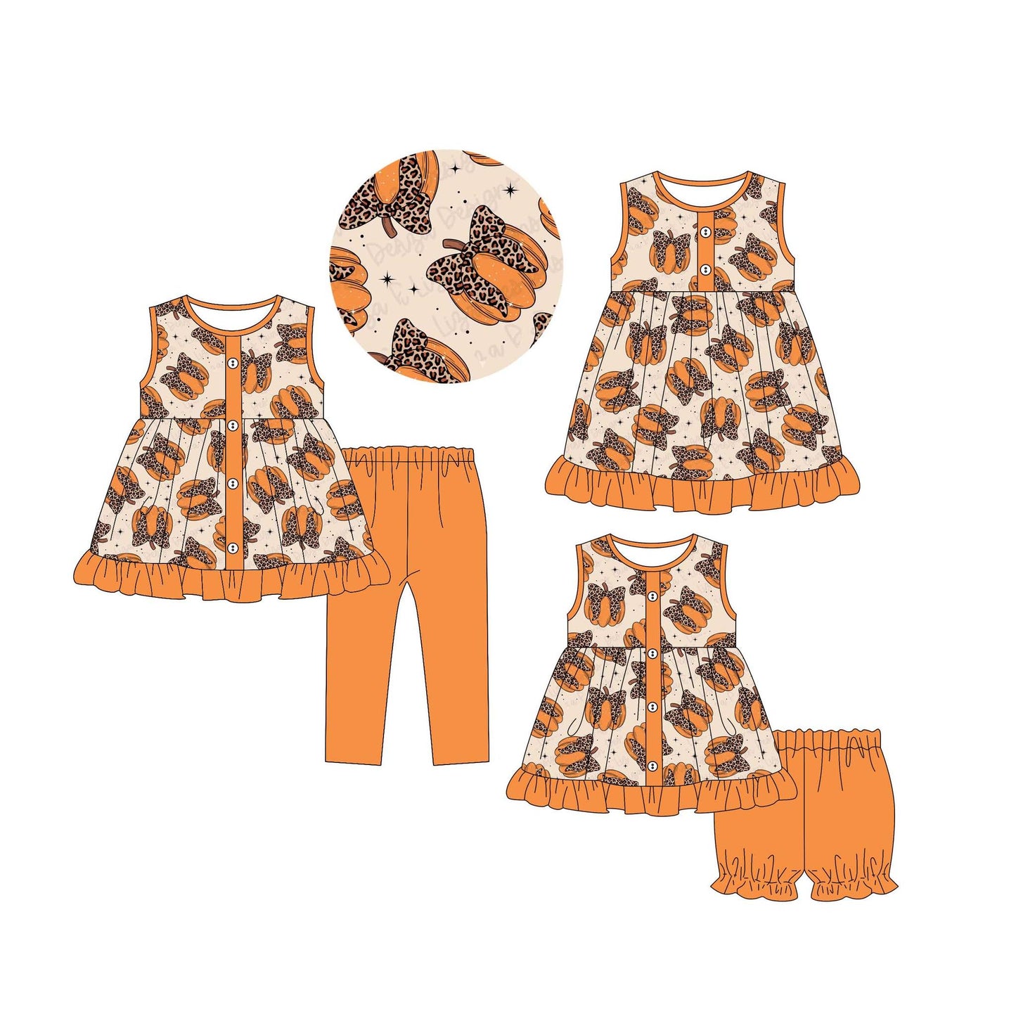 4.30(Custom Design Preorder MOQ 5 Each Design) Pumpkin Leopard Bows Print Girls Matching Clothes Sisters Wear