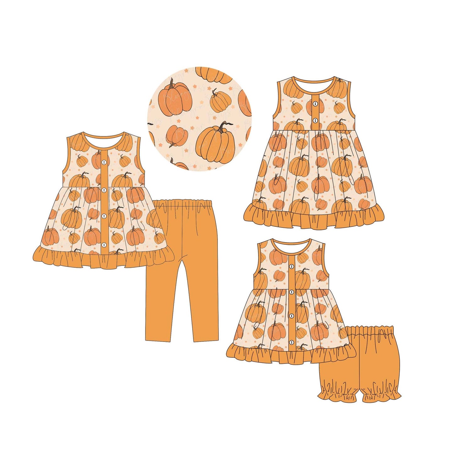4.30(Custom Design Preorder MOQ 5 Each Design) Pumpkin Orange Print Girls Matching Clothes Sisters Wear