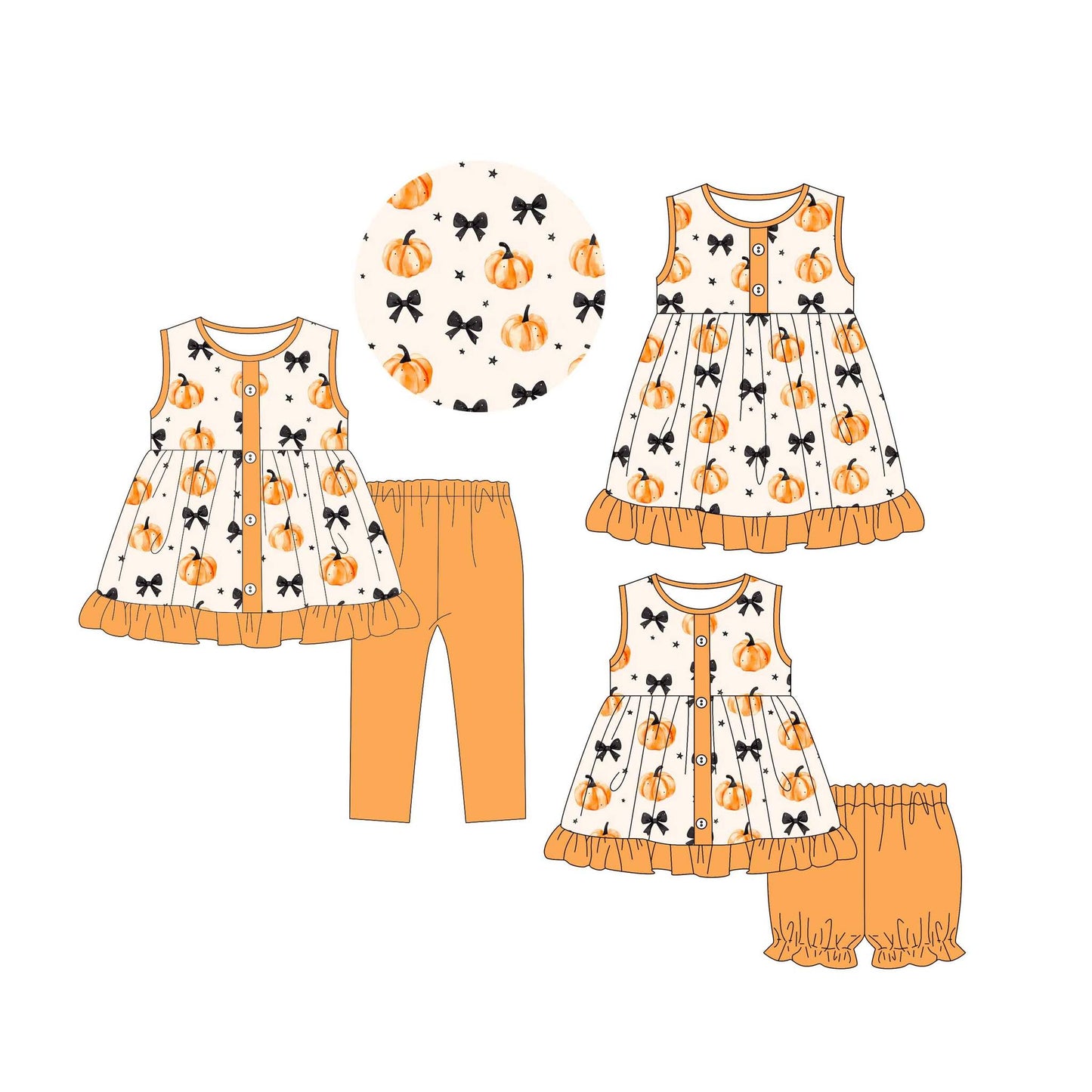 4.30(Custom Design Preorder MOQ 5 Each Design) Pumpkin Black Bows Print Girls Matching Clothes Sisters Wear