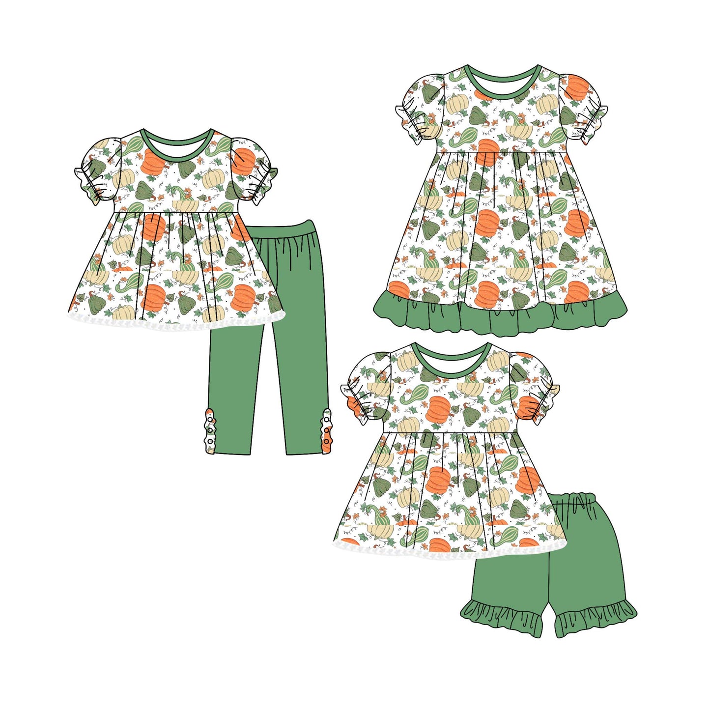 4.30(Custom Design Preorder MOQ 5 Each Design) Pumpkin Green Print Girls Fall Matching Clothes Sisters Wear