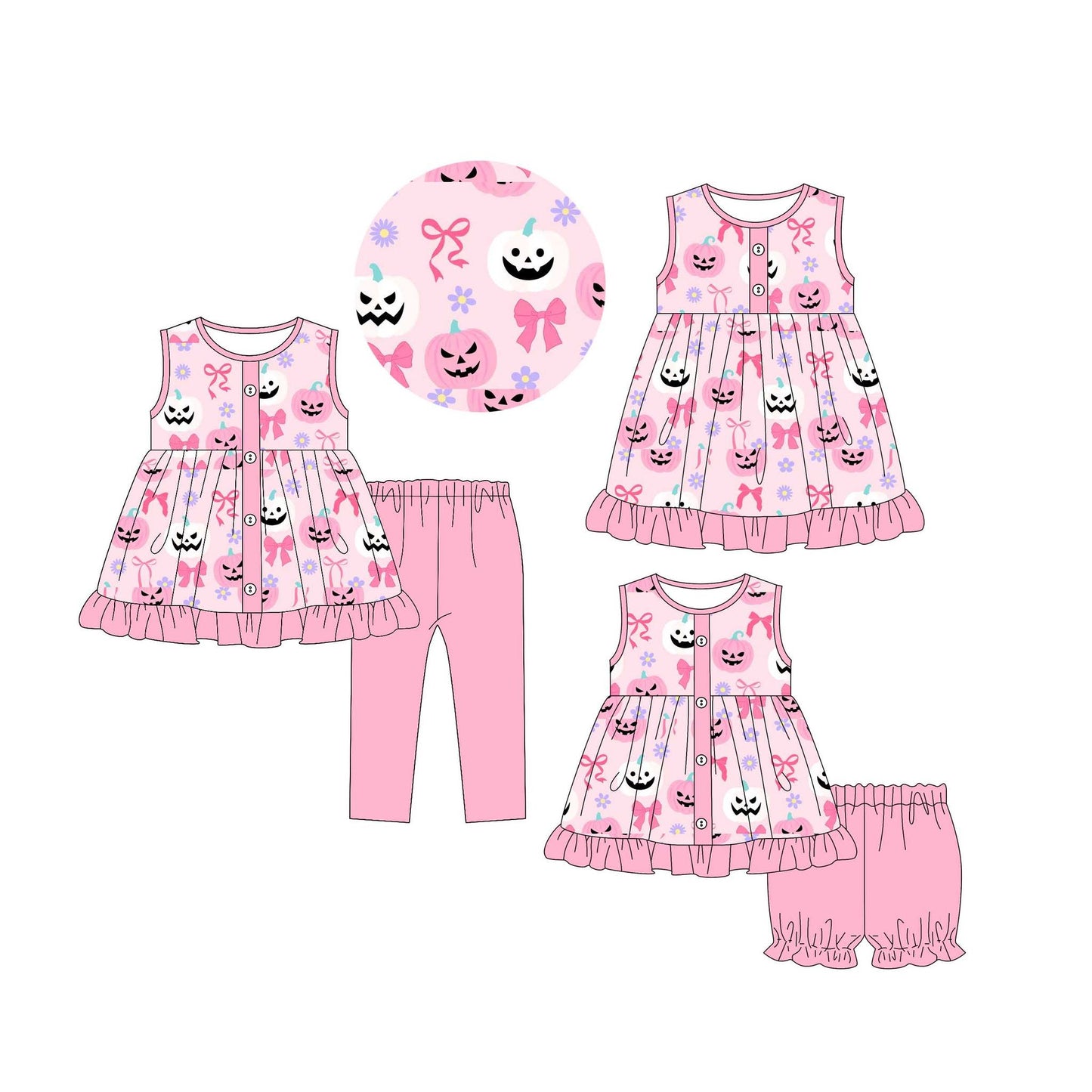 4.30(Custom Design Preorder MOQ 5 Each Design) Pumpkin Flowers Bows Print Girls Halloween Matching Clothes Sisters Wear