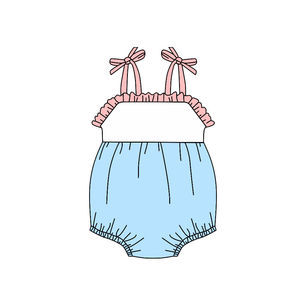 (Custom Design Preorder MOQ 5)  Blue Color Baby Girls Summer Strap Romper