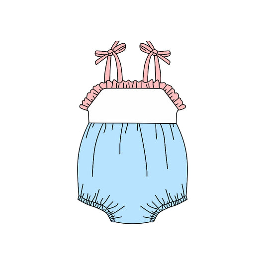 (Custom Design Preorder MOQ 5)  Blue Color Baby Girls Summer Strap Romper