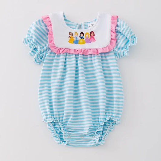 (Custom Design Preorder MOQ 5) Cartoon Princess Blue Stripes Print Baby Girls Summer Romper
