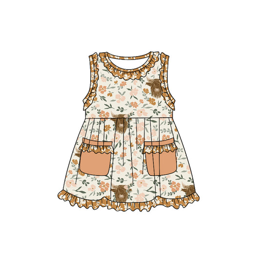 (Custom Design Preorder MOQ 5) Brown Flowers Highland Cow Print Girls Knee Length Summer Dress