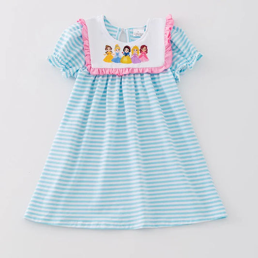 (Custom Design Preorder MOQ 5) Cartoon Princess Blue Stripes Print Girls Summer Knee Length Dress
