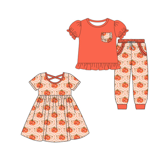 5.21(Custom Design Preorder MOQ 5 Each Design) Pumpkin Print Girls Fall Matching Clothes Sisters Wear