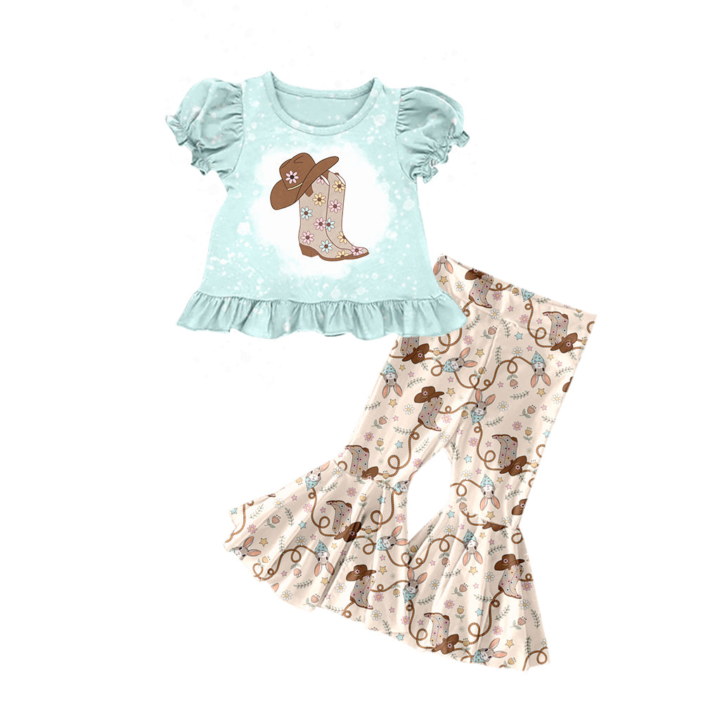 (Custom Design Preorder MOQ 5) Bunny Boots Print Bell Pants Girls Western Easter Clothes Set