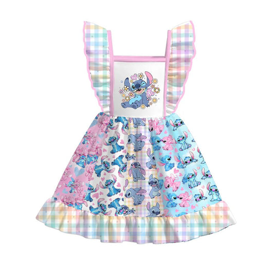 (Custom Design Preorder MOQ 5) Cartoon Stitc* Flowers Print Girls Summer Knee Length Dress