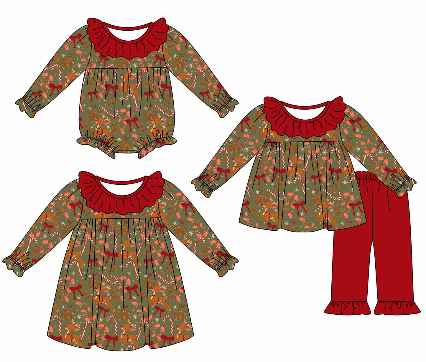 5.21(Custom Design Preorder MOQ 5 Each Design) Deer Candy Cane Bows Print Girls Christmas Matching Clothes Sisters Wear