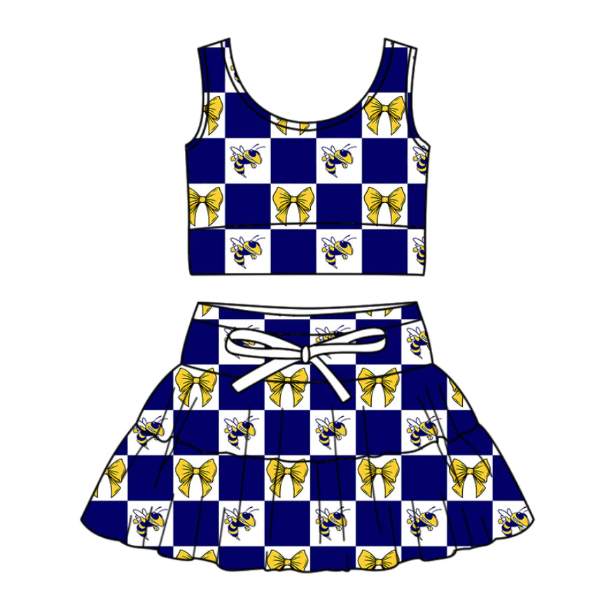 (Custom Design Preorder MOQ 5 Each Color) Team's Yellowjackets Bows Plaid Print Girls Summer Clothes Sisters Matching Wear