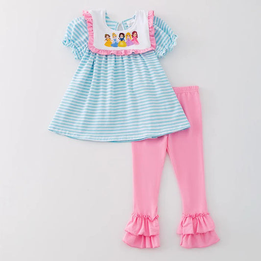 (Custom Design Preorder MOQ 5) Cartoon Princess Blue Stripes Tunic Top Pink Pants Girls Clothes Set