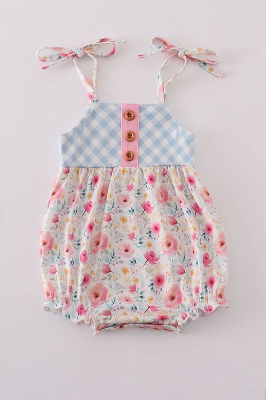 (Custom Design Preorder MOQ 5) Pink Flowers Print Baby Girls Summer Strap Romper